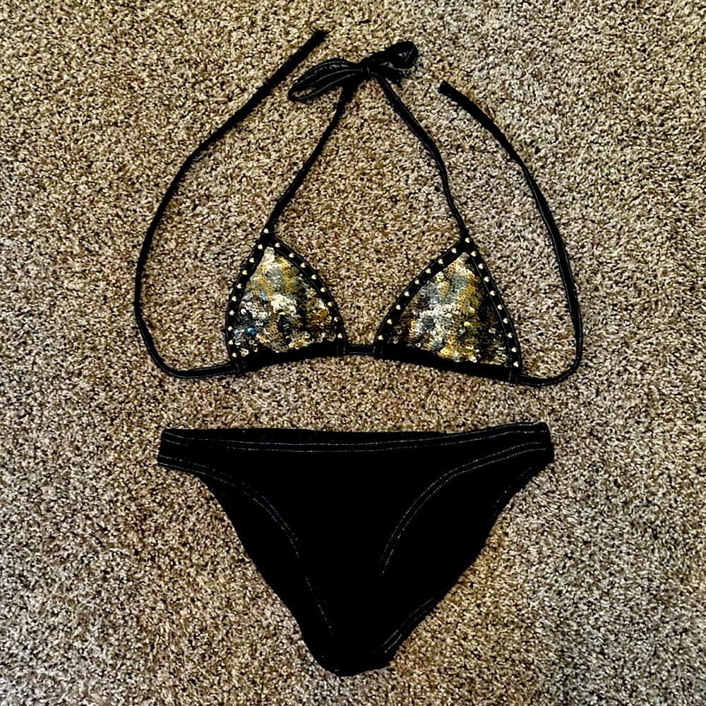 VS back and gold sequin swimsuit